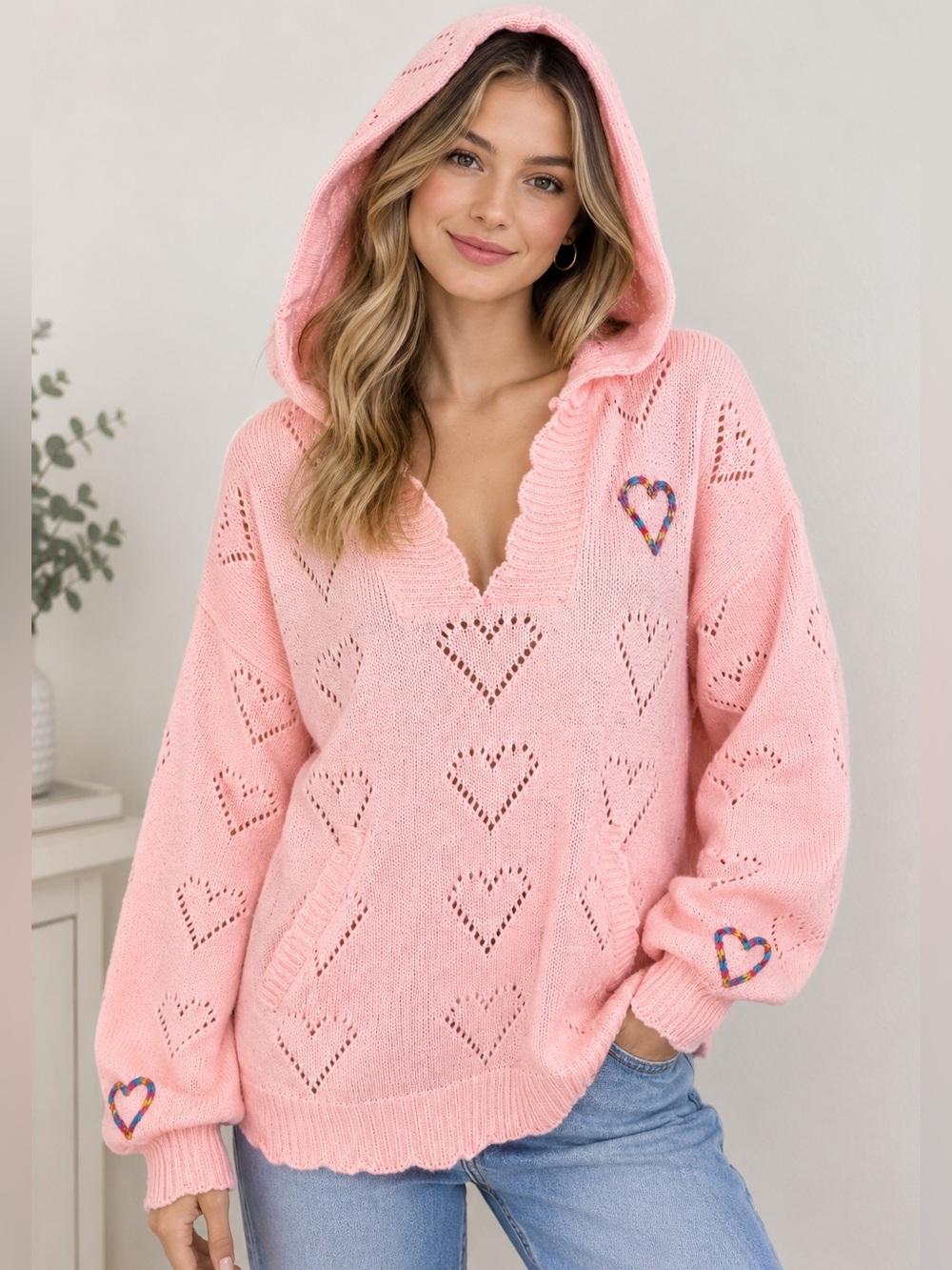 &merci Pink Heart Knit V-Neck Pullover Hoodie Sweater Long Sleeve Size M